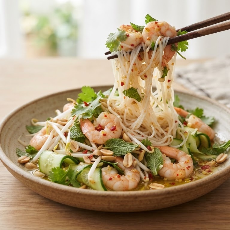 Thaise noedelsalade met garnalen recept
