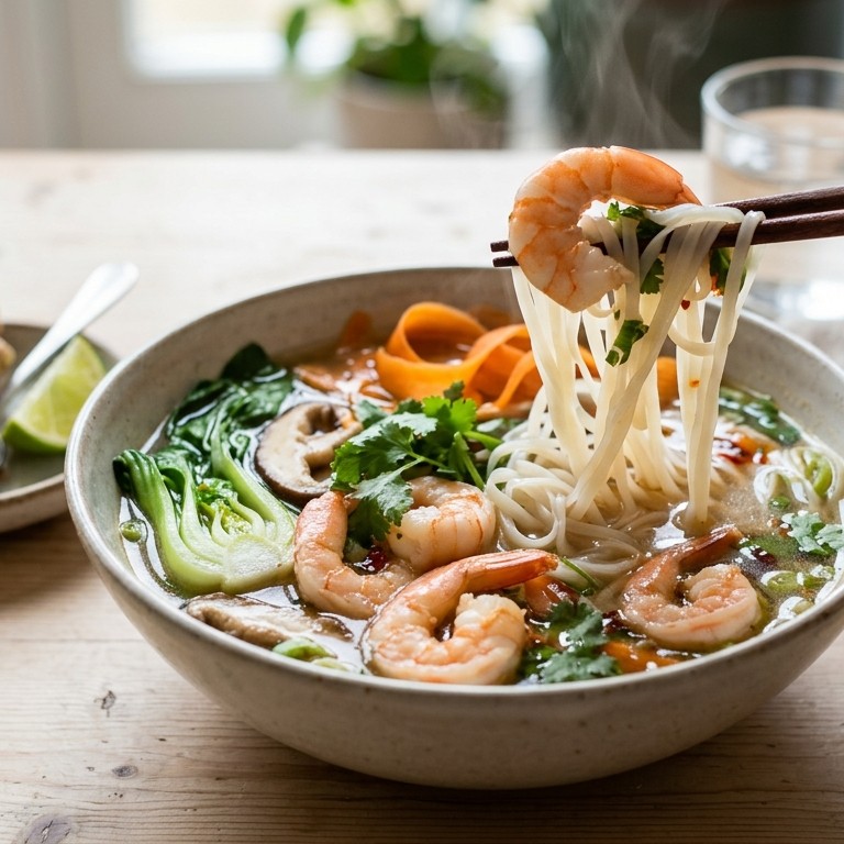 Thaise noedelsoep met groenten en garnalen recept