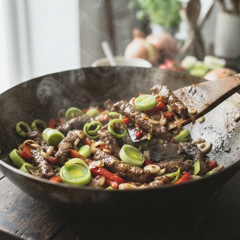 Thaise roerbak van runderreepjes en prei recept