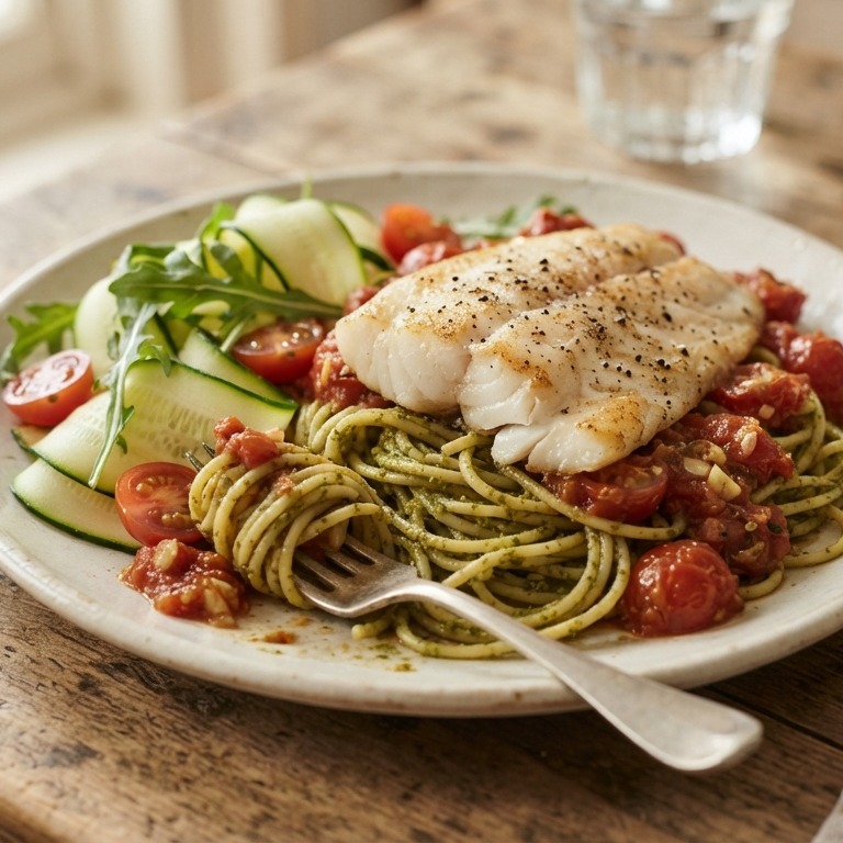 Tilapiafilet in tomatensaus met rucolapestospaghetti recept