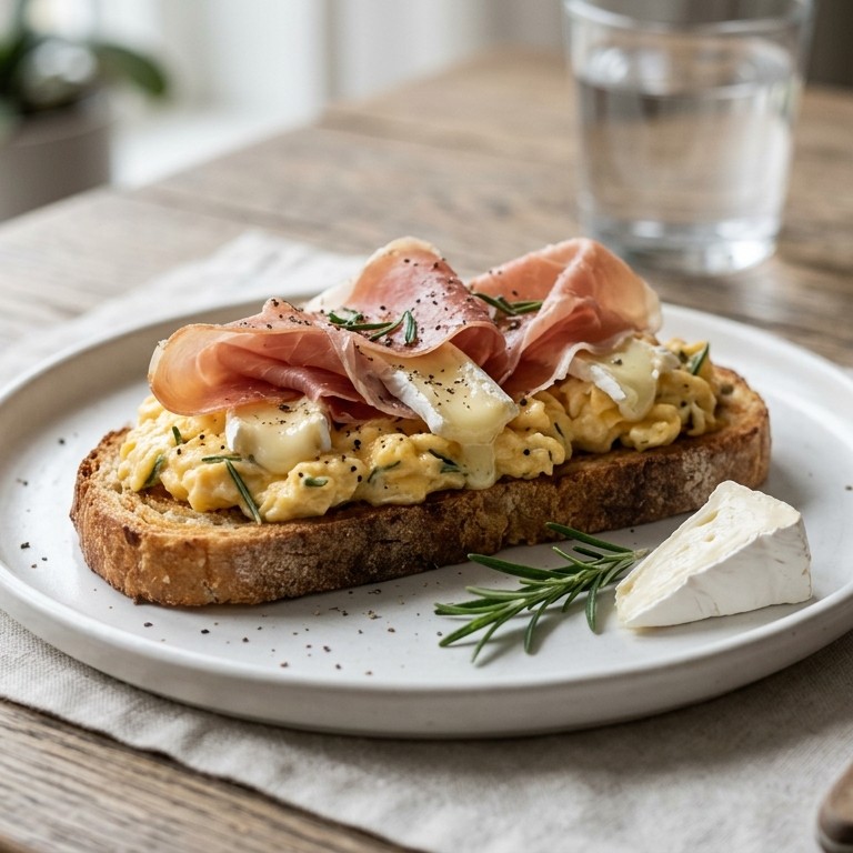 Toast met parmaham, roerei en brie recept