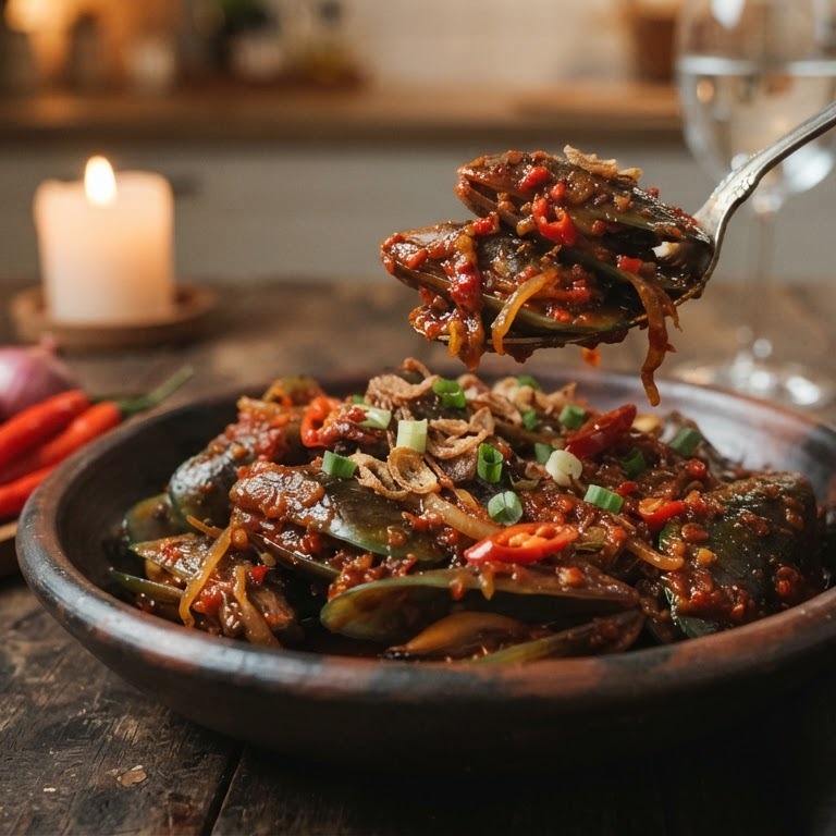 Toemis remis pedis manis (Gekookte mosselen in een zeer hete, rode saus) recept