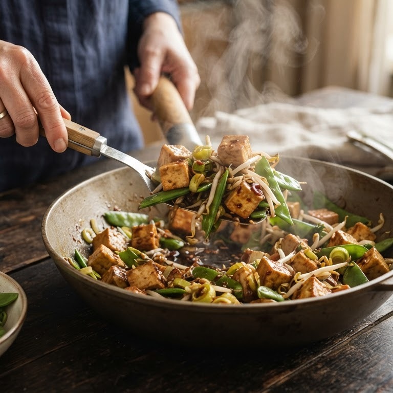 Toemis tahoe sajoer (gebakken tahoe met peultjes) recept