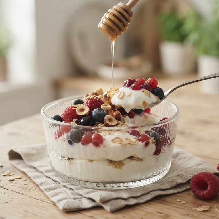 Toetje van Griekse yoghurt, zomerfruit en hazelnoten recept