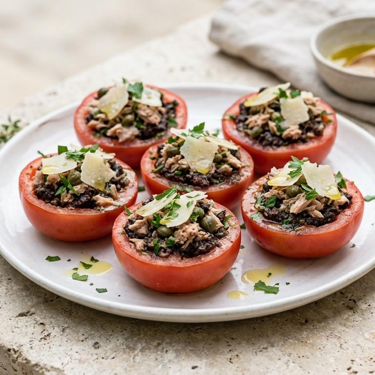 Tomaten gevuld met tapenade, tonijn en Parmezaanse kaas recept
