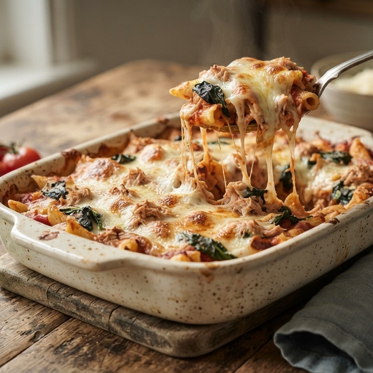 Tomaten-ovenpasta met tonijn en spinazie recept