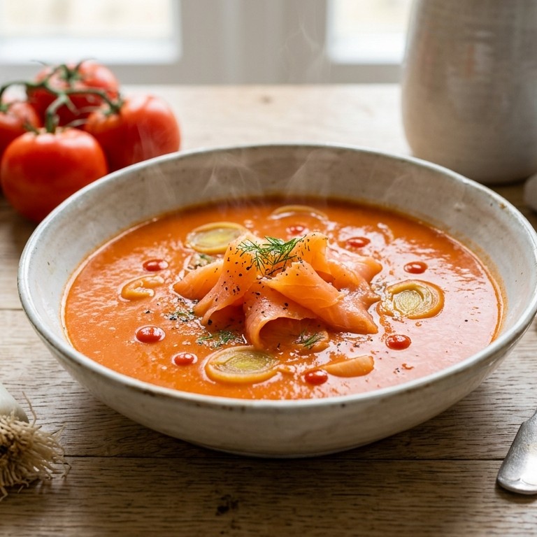 Tomaten-preisoep met zalm recept