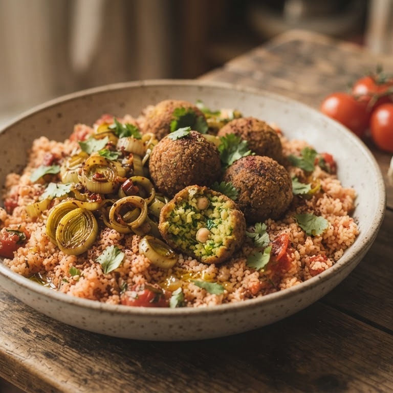 Tomatencouscous met pittige prei en falafel recept