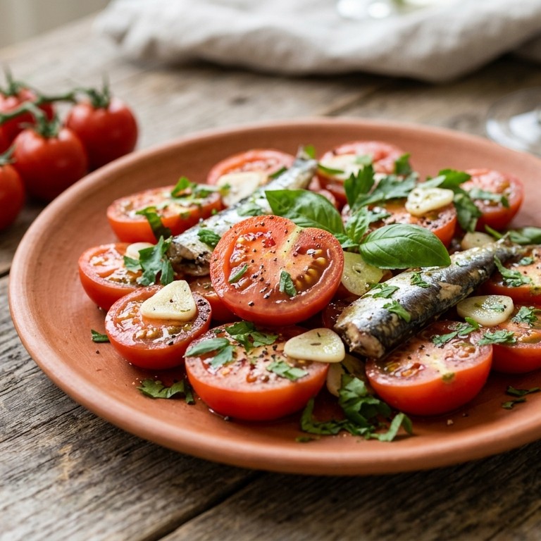 Tomatensalade met knoflook en sardientjes recept