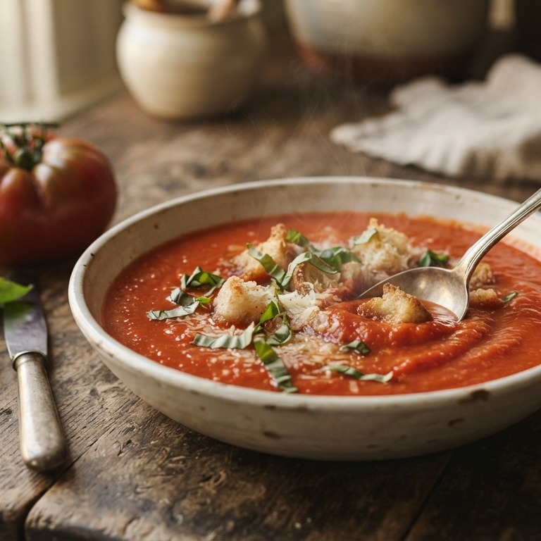 Tomatensoep met croutons en basilicum recept