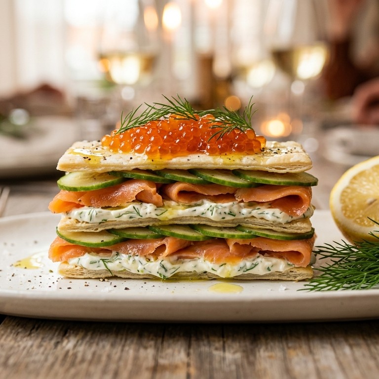 Tompouce van komkommer en gerookte zalm recept