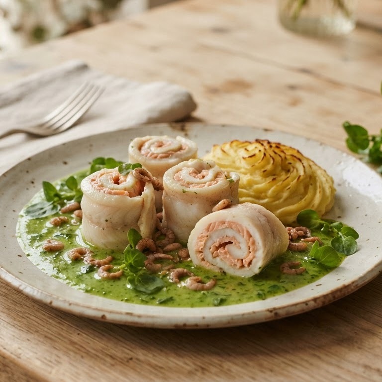 Tong-zalmrolletjes in sausje van waterkers en garnalen recept