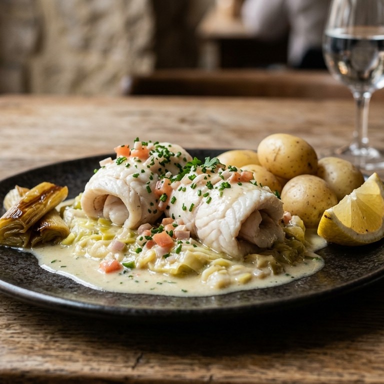 Tongfilets op een bedje van prei met witte wijn saus recept