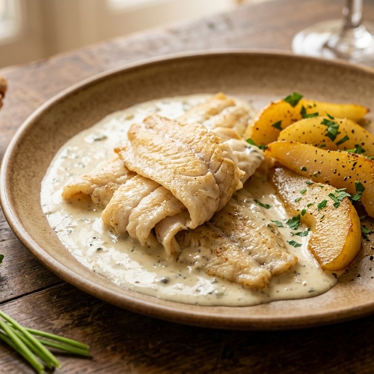 Tongreepjes met Bleu d' Auvergnesaus en gebakken peer recept