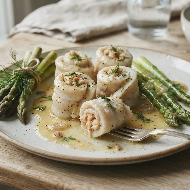 Tongrolletjes met krab en groene asperges recept