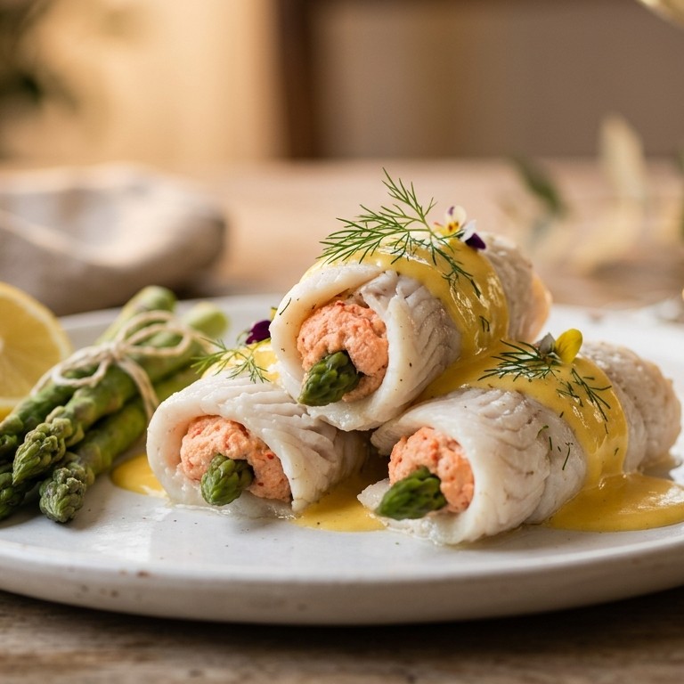 Tongrolletjes met kreeftenmousse en asperges recept
