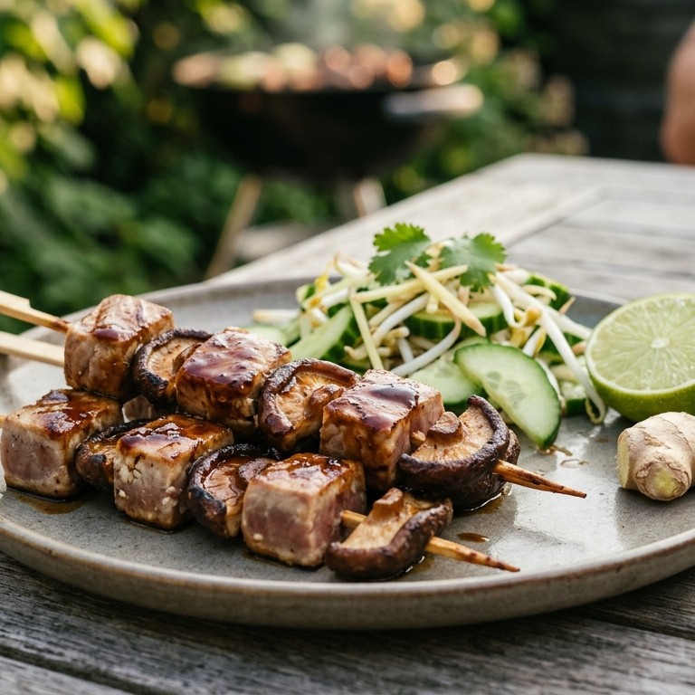 Tonijn-shii take saté met zoete ketjapsaus en taugésalade recept
