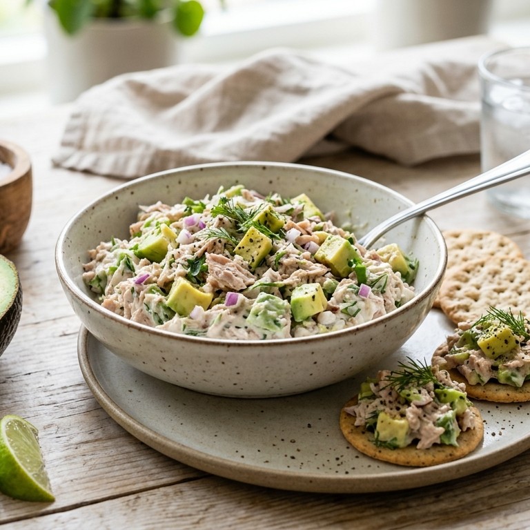 Tonijnsalade met advocado en yoghurt knoflooksaus recept