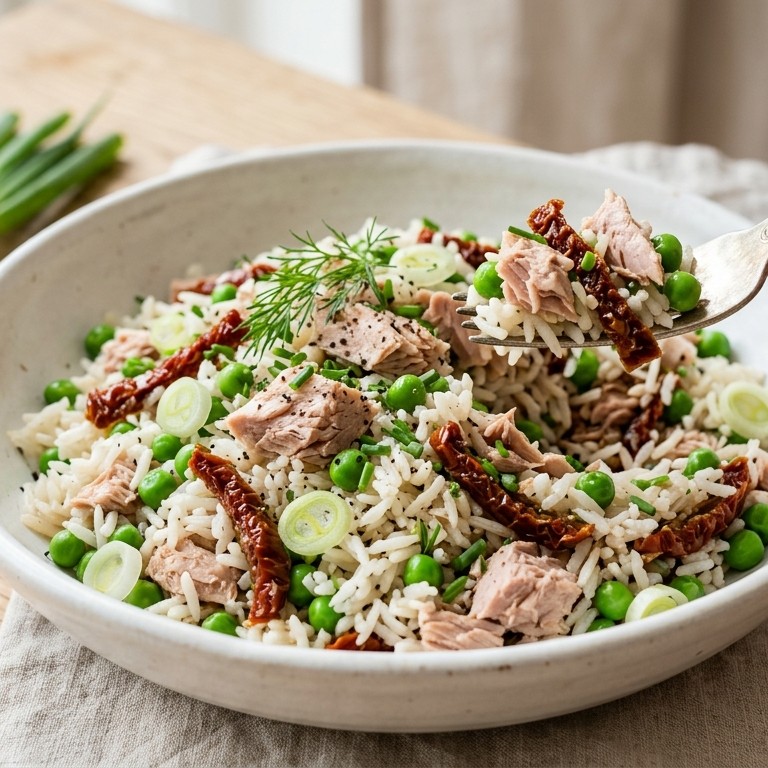 Tonijnsalade met rijst, doperwten en zongedroogde tomaten recept