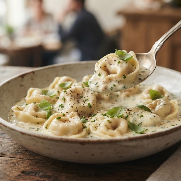 Tortellini ham met verse knoflookkaassaus en kruiden recept