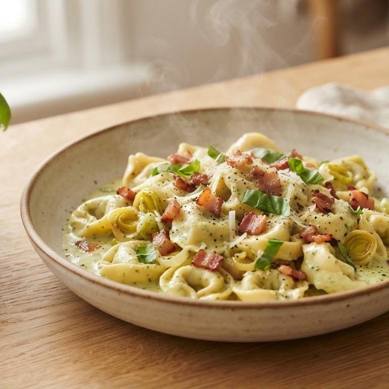 Tortellini met kaas-basilicumsaus en spekjes recept