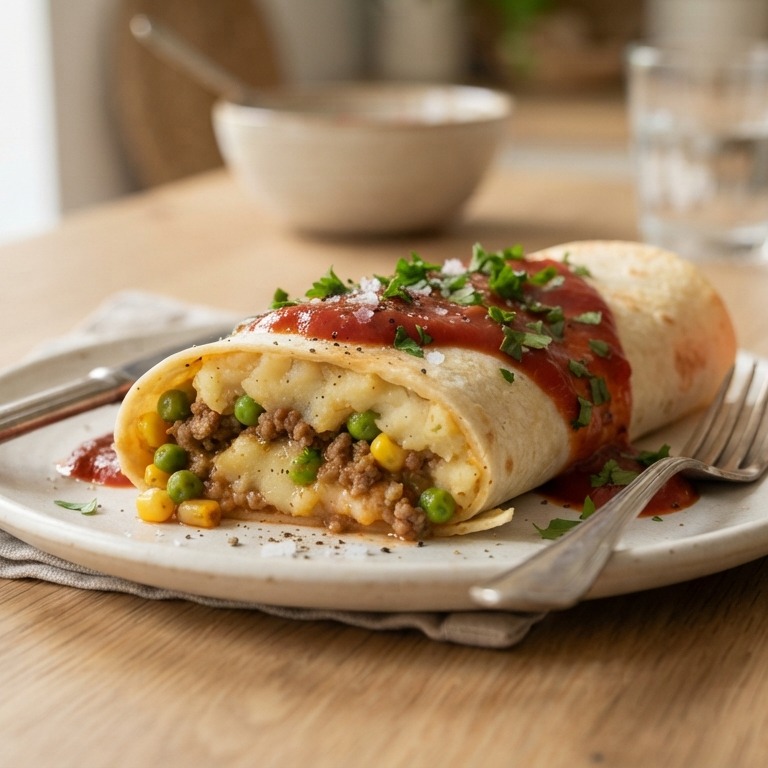 Tortilla met aardappelpuree en garnituur van tomatensaus recept