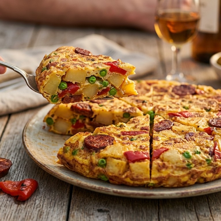 Tortilla met chorizo, paprika en doperwtjes recept