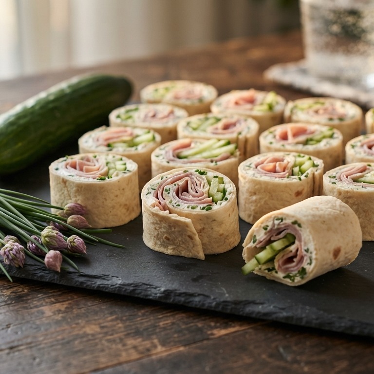 Tortilla rolletje met komkommer, ham en bieslook recept