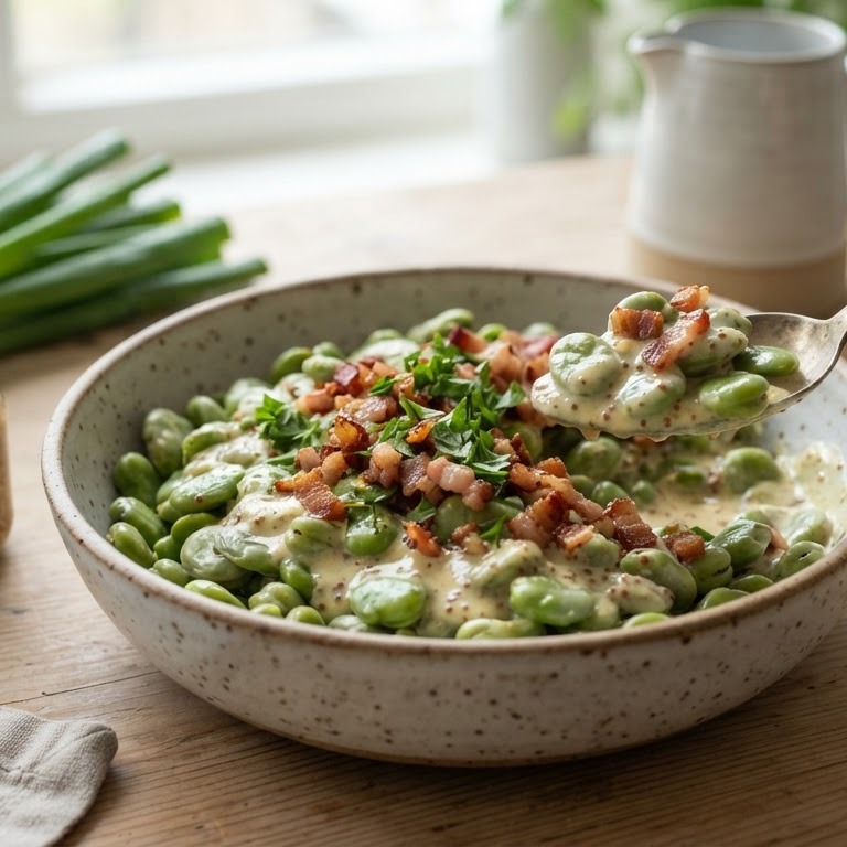 Tuinbonen met spekjes en mosterdsaus recept