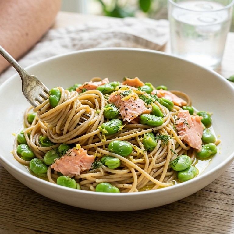 Tuinbonen met zalm en pasta recept