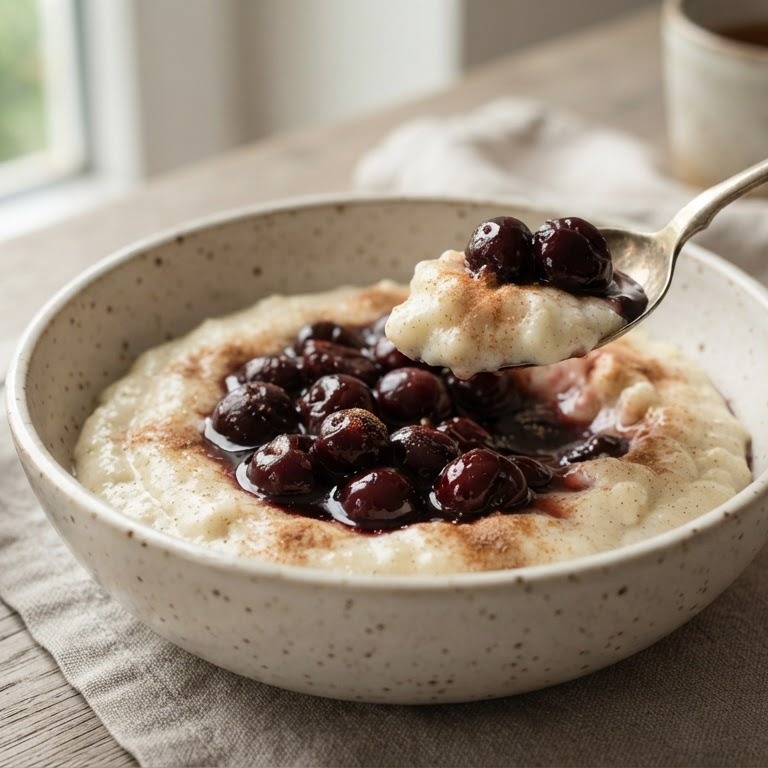 Vanille-griesmeelpap met rumkersen recept
