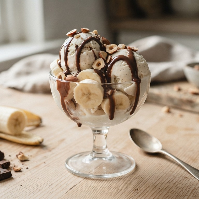 Vanille ijs met banaan, noten, chocolade recept