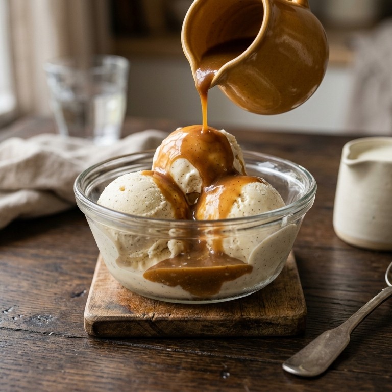 Vanille-ijs met karamel-koffiesaus recept