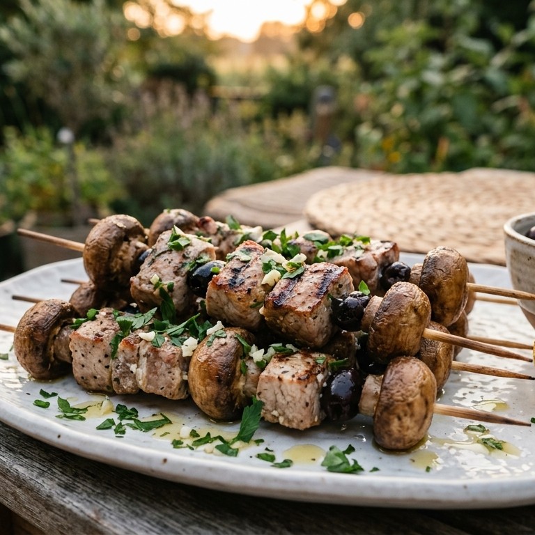Varkenschampignonkebabs met zwarte olijven recept