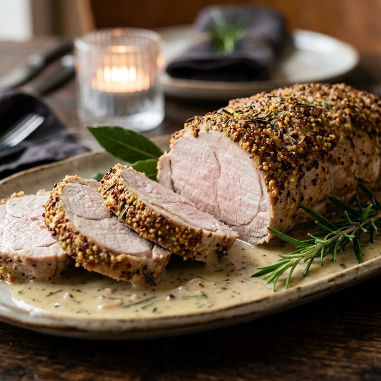 Varkensfilet met mosterdkorst en witte wijnsaus recept