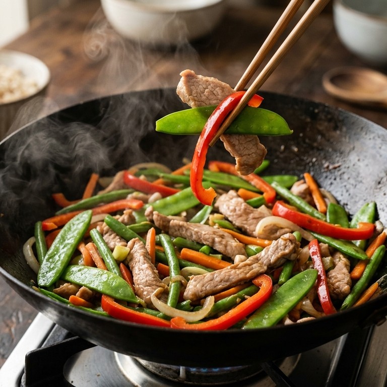 Varkensfiletreepjes met roergebakken groenten (vetarm) recept