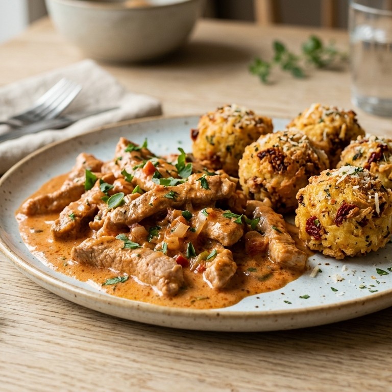 Varkensfiletreepjes met röstibolletjes recept