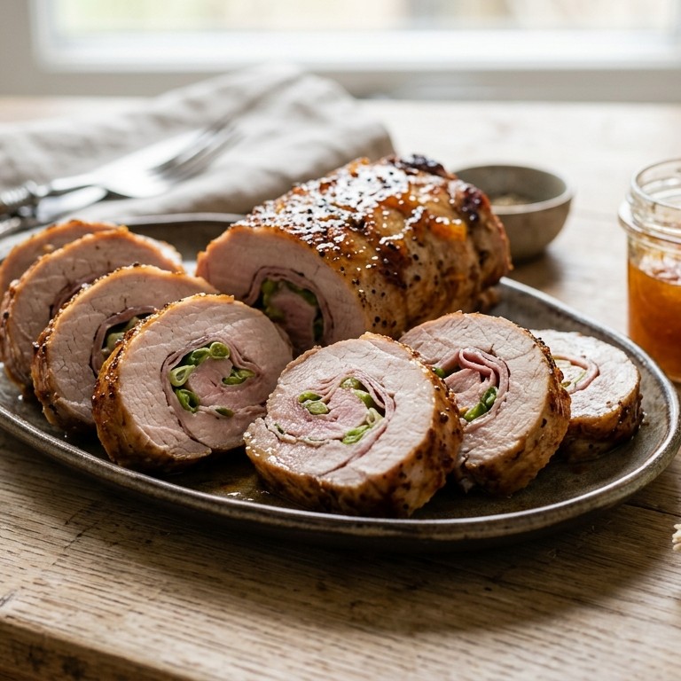 Varkenshaas gevuld met achterham en bosuitjes recept