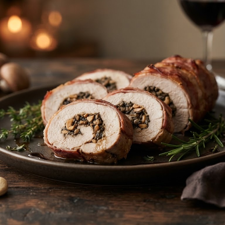 Varkenshaas gevuld met een farce van cashewnoten en paddestoelen recept