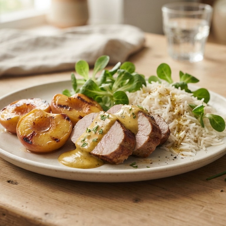 Varkenshaasje met gebakken perzik en kerriesaus recept