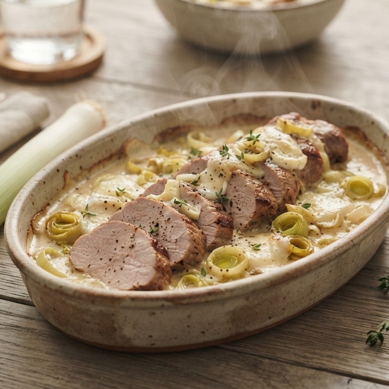 Varkenshaasje met prei-kaassaus recept