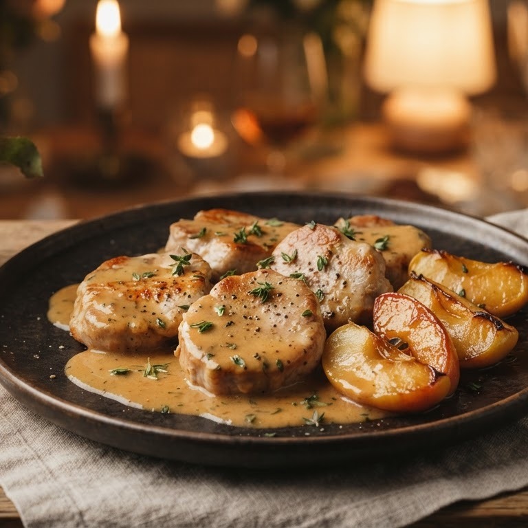 Varkenshaasmedaillons met appel en cognacsaus recept