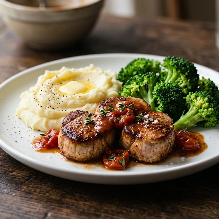 Varkensmedaillons met broccoli en  puree recept