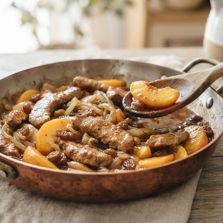 Varkensreepjes met ui, perzik en rozijnen recept