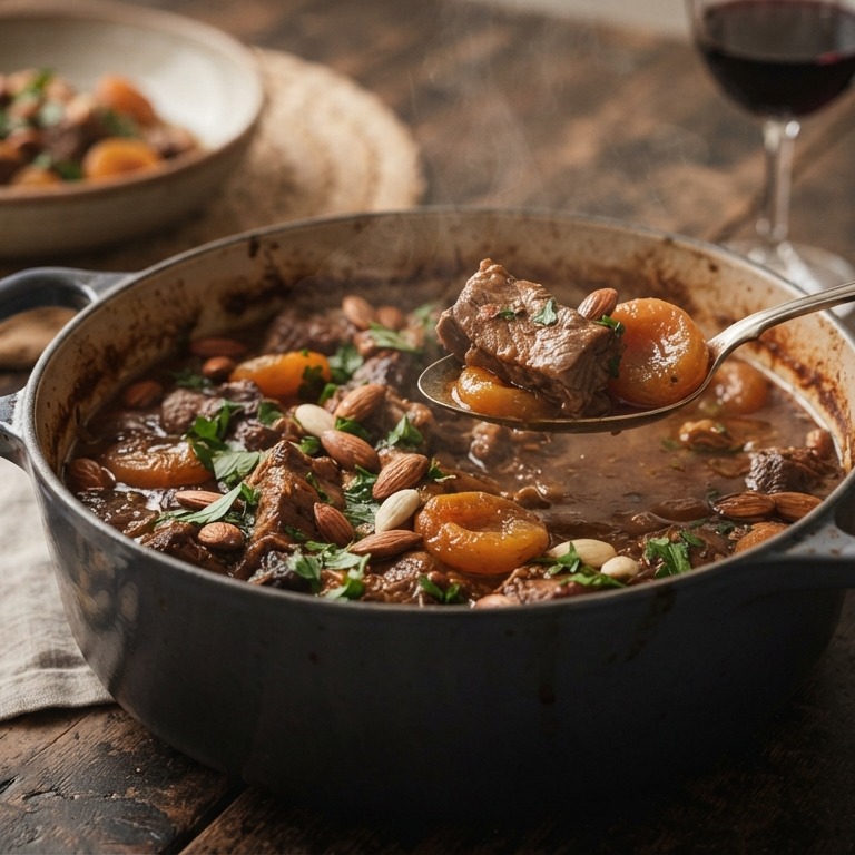 Varkensstoofpot met abrikozen en amandelen recept