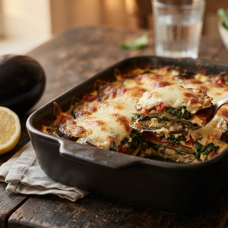 Vegetarische ovenschotel met spinazie en aubergine recept