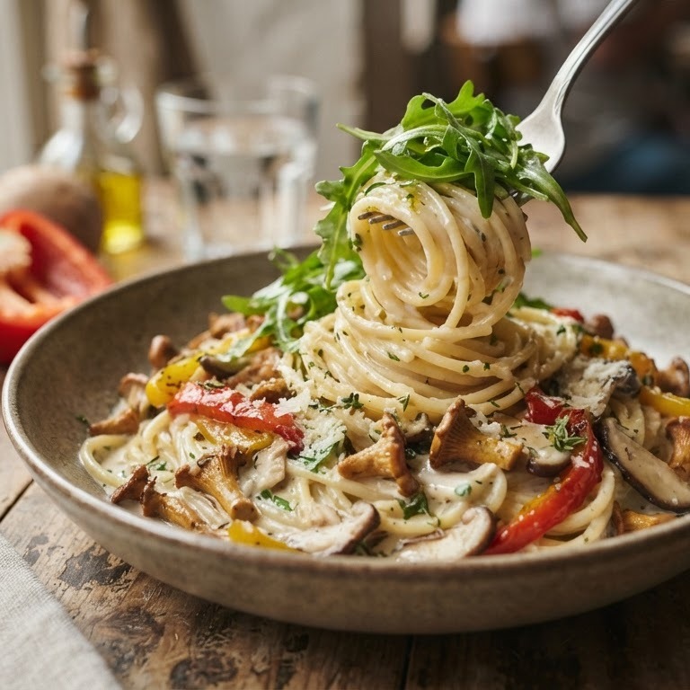 Vegetarische pasta met champignons en paprika recept