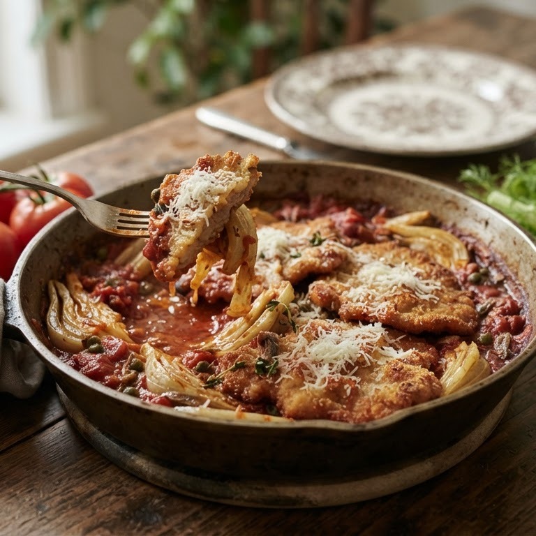 Venkelknollen met schnitzel en tomatensaus recept