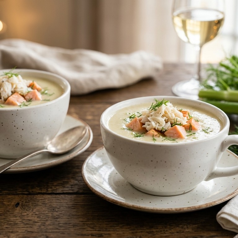 Venkelsoep met krab en zalm recept