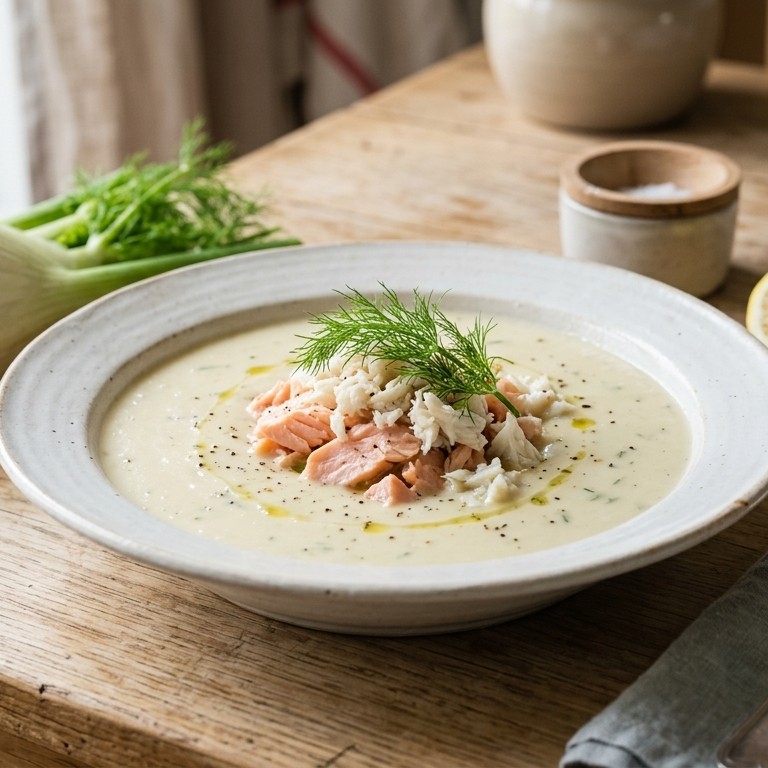 Venkelsoep met zalm en krab recept